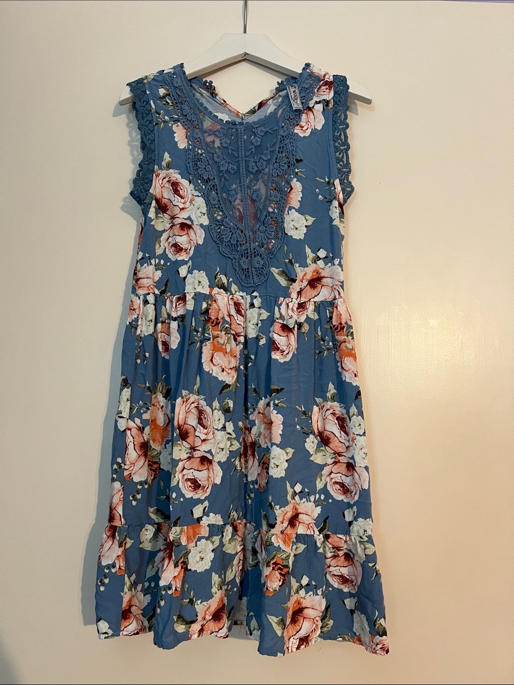 Knitworks Blue Floral Lace-Front Sundress with Pink Roses